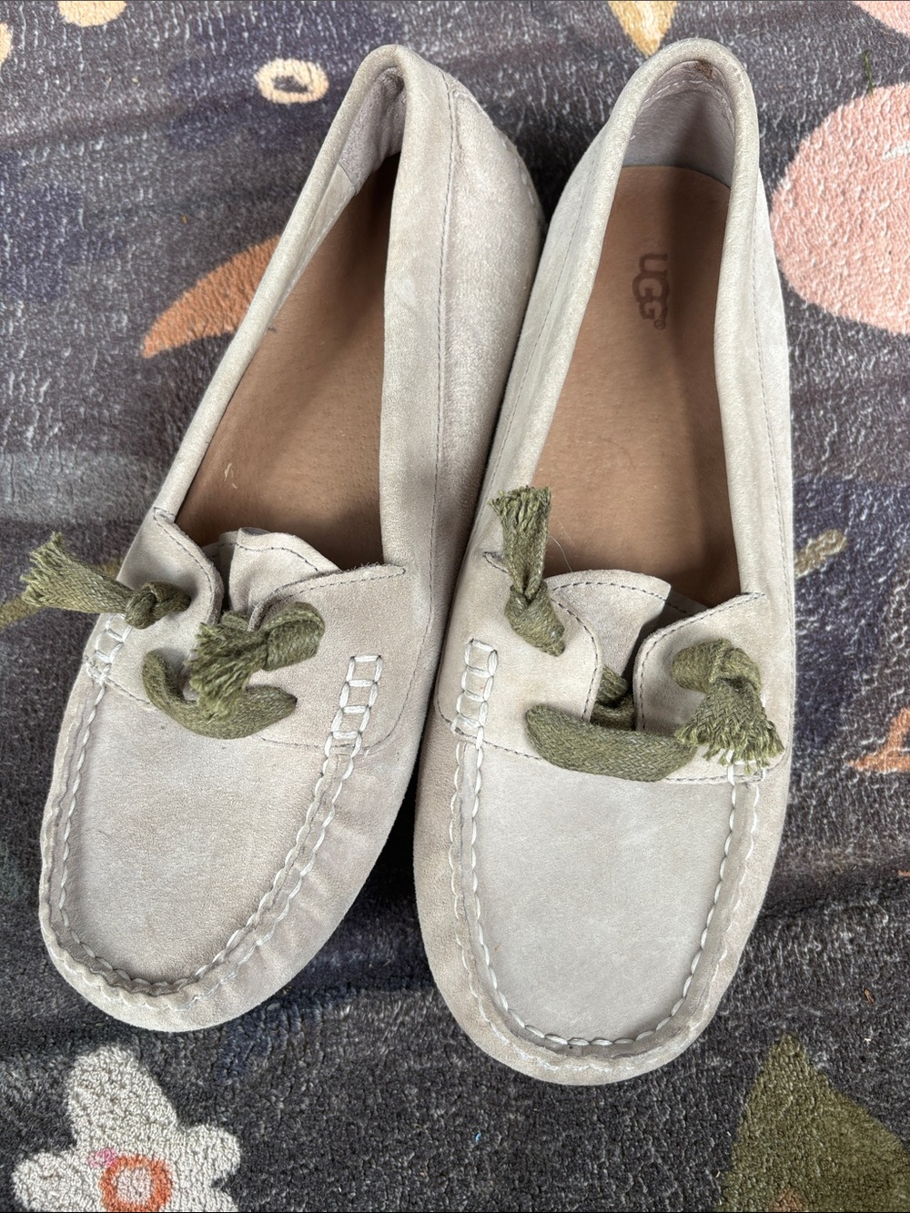 UGG Women's Suede Moccasin Loafers in Light Gray with Olive Laces